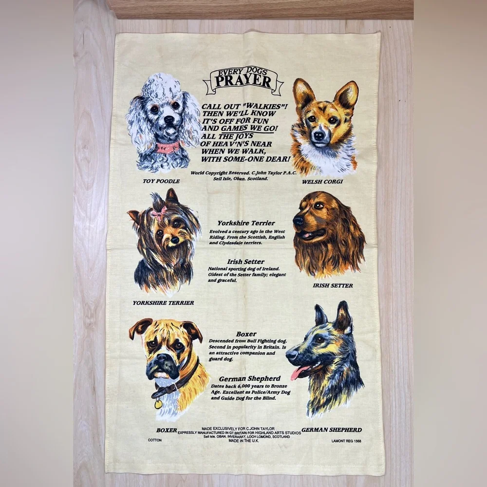 Vintage Every Dog's Prayer Scottish Cotton Tea Towel Illustrated Wall Hanging